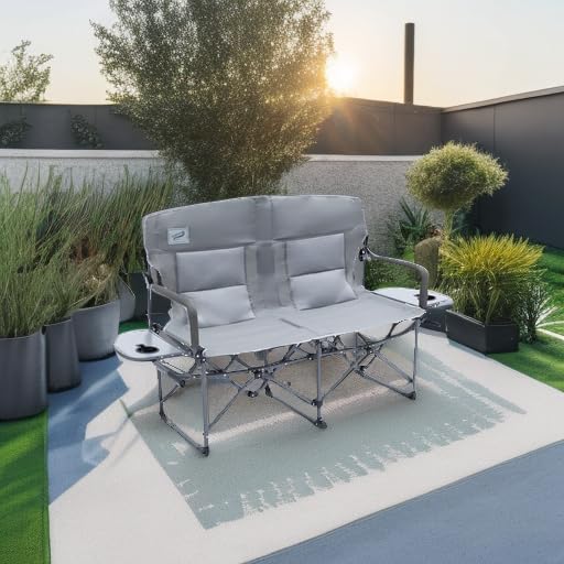 Camphor Designs Oversized Double Portable Folding Director’s Loveseat Chair with Padded Backrest, Side Table | Outdoor Sports, Beach, Lawn, Hunting, Tailgating, Fishing| Supports 300 Lbs/Seat