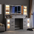 Fluted Vanity Desk with Mirror & Lights | 8 Drawers & 4 Cabinets, Tempered Glass Top, RGB Cabinet Lighting, 3-Color Dimmable Mirror, Charging Station