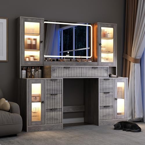 Fluted Vanity Desk with Mirror & Lights | 8 Drawers & 4 Cabinets, Tempered Glass Top, RGB Cabinet Lighting, 3-Color Dimmable Mirror, Charging Station