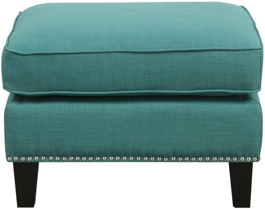 BOWERY HILL Solid Wood Frame Ottoman, Teal Fabric Upholstery, Nail Head Trim, 18" H x 26" W x 21" D, Compact Design, Lightweight, Modern Living Room Accent Piece, Supports Up to 500 lbs