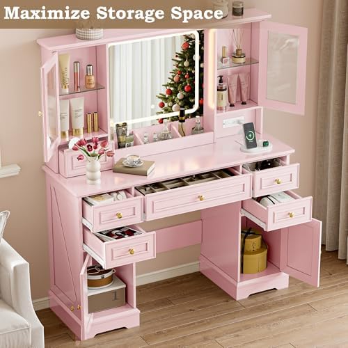 BORNOON Vanity Desk with Lights, Large LED Mirror with 3 Color Modes, Makeup Vanity with Power Outlet & USB Ports, 6 Drawers & 2 RGB Glass Cabinets, Farmhouse Dressing Table for Women & Girls (Pink)
