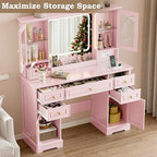 BORNOON Vanity Desk with Lights, Large LED Mirror with 3 Color Modes, Makeup Vanity with Power Outlet & USB Ports, 6 Drawers & 2 RGB Glass Cabinets, Farmhouse Dressing Table for Women & Girls (Pink)