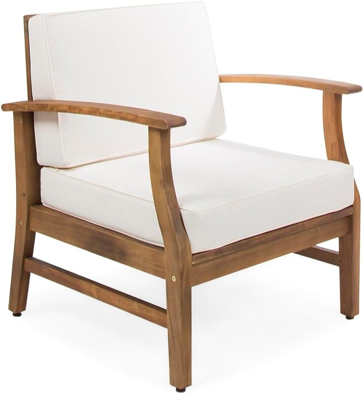 Weatherproof Acacia Wood Outdoor Arm Chair with Beige Cushions, Indoor & Patio Single Comfort Lounge Chair for Porch Garden Backyard (Cream + Acacia Wood)