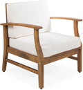 Weatherproof Acacia Wood Outdoor Arm Chair with Beige Cushions, Indoor & Patio Single Comfort Lounge Chair for Porch Garden Backyard (Cream + Acacia Wood)
