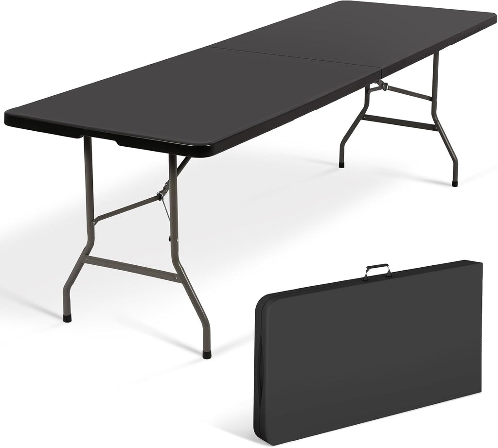 8Ft Folding Table Plastic Portable with Built in Handle & Steel Legs Black | 500LBS Capacity Portable Handle and Non-Slip Feet Indoor Outdoor Perfect for Parties, Dining, Weddings, Camping and BBQ