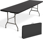 8Ft Folding Table Plastic Portable with Built in Handle & Steel Legs Black | 500LBS Capacity Portable Handle and Non-Slip Feet Indoor Outdoor Perfect for Parties, Dining, Weddings, Camping and BBQ