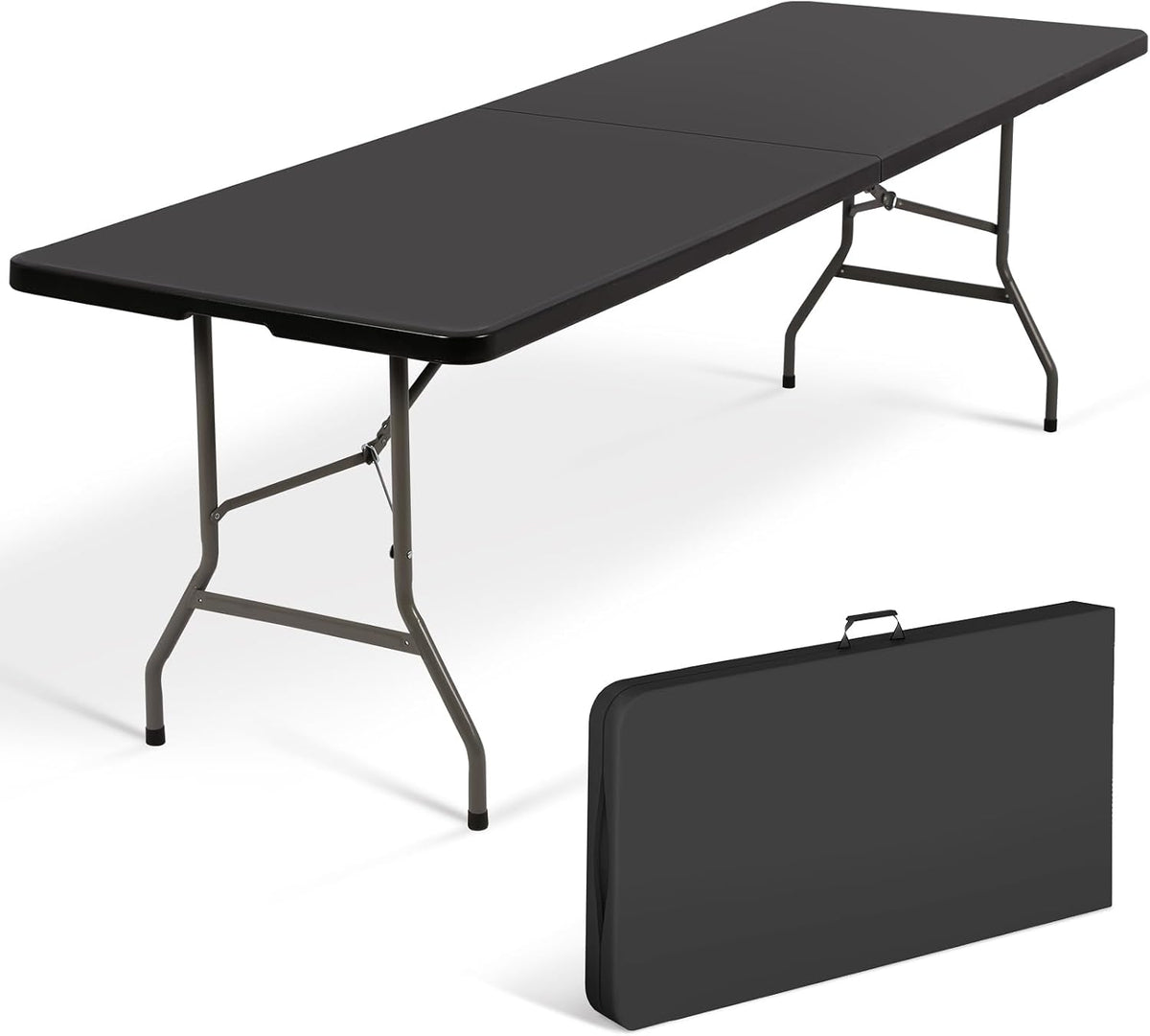8Ft Folding Table Plastic Portable with Built in Handle & Steel Legs Black | 500LBS Capacity Portable Handle and Non-Slip Feet Indoor Outdoor Perfect for Parties, Dining, Weddings, Camping and BBQ
