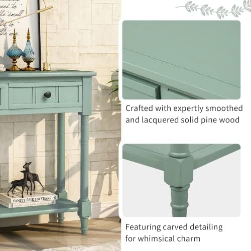 Bellemave Console Table with 2 Drawers & Bottom Shelf, Retro Entryway Table with Storage & Turned Roman Legs, Solid Wood Sofa Tables for Entrance, Hallway, Living Room (Green/35)