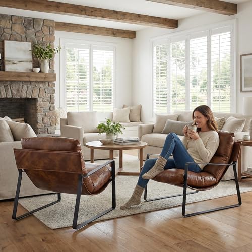 LukeAlon Set of 2 Modern PU Leather Accent Armchair, Retro Brown | Pu Leather Upholstered Living Room Chair With Metal Base & Thickened Cushion