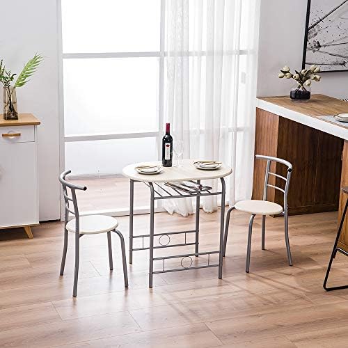 VINGLI 3 Piece Dining Set, Small Kitchen Table Set for 2, Breakfast Table Set, Kitchen Wooden Table with 2 Chairs for Small Space/Dining Room/Apartment, Metal Frame, Wine Rack, Beige
