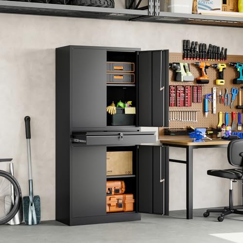 Yizosh Metal Garage Storage Cabinet with Locking Doors and Adjustable Shelves, 71" Tool Storage Cabinet with 1 Drawer for Garage,Warehouse (Black)