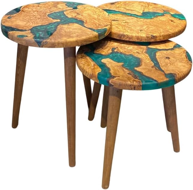3-Piece Round Nesting Side Table Set 15.7 in Diameter | Olive Wood & Green Epoxy | Modern Scandinavian Style | Wood Grain | Durable & Easy Easy to Wipe | GÖKÇESAN MOBİLYA - Olive Green