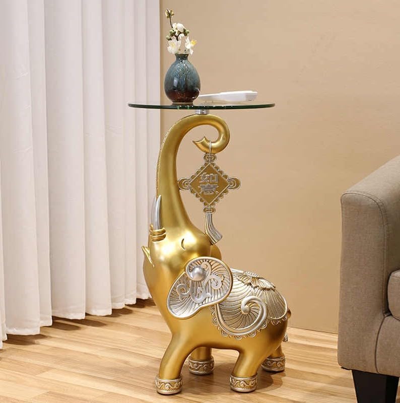 Large Luxury Elephant Side Table, Artistic Home Decor Accent, Resin Sofa End Table with Glass Top for Living Room, TV Cabinet, Housewarming Gift (Gold)