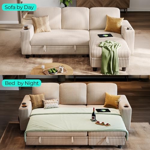LINSY HOME Sectional Couches for Living Room, 81" L Shape 3 Seats, Beige | Sleeper sofa with pull out couch bed, corduroy couch with storage