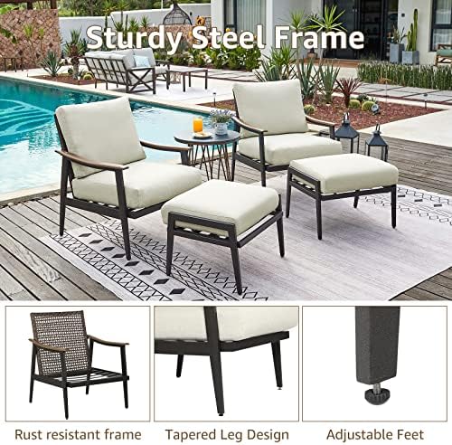 NATURAL EXPRESSIONS Patio Outdoor Chair with Ottoman, Wicker Backrest | 1 Matched Ottoman, Adjustable Feet, Natural Wood-garin Texture Arm, 6" Removable Cushion, Patio Sofa for Porch, Deck, Balcony
