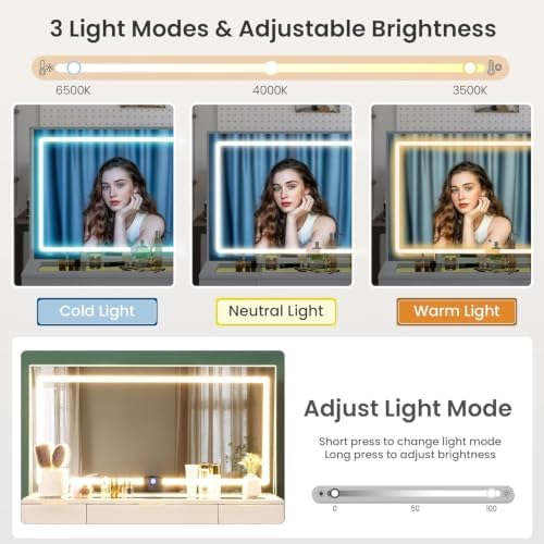 11 Drawers Glass Top Vanity Desk, Crystal Handles Makeup Vanity with Mirror and Lights, Dressing Table with Power Outlet, Adjustable Lighting Modes, White