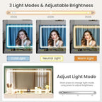 11 Drawers Glass Top Vanity Desk, Crystal Handles Makeup Vanity with Mirror and Lights, Dressing Table with Power Outlet, Adjustable Lighting Modes, White