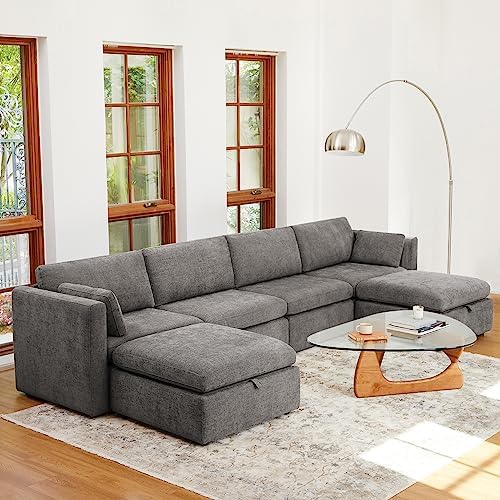 CHITA Oversized Modular Sectional Fabric Sofa Set, Extra Large U Shaped Couch with Reversible Chaise, 146 inch Width, 6 Seat Modular Sofa with Storage Ottamans, Grey | Oversized Modular Sectional Sofa Set, FSC Certified, U Shaped Couch, with Reversible