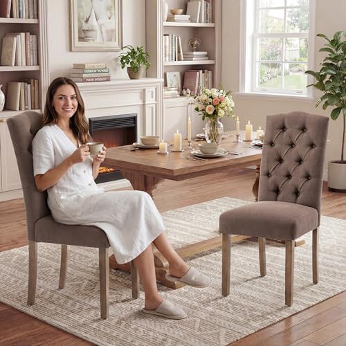 Tufted Dining Chair Fabric Button Upholstered Modern Kitchen Diner Set of 2 | Sturdy Wood Legs, Button High Back Side Chair, Living Room Restaurant Farmhouse Cafe, Mid Century Parsons Accent Stylish