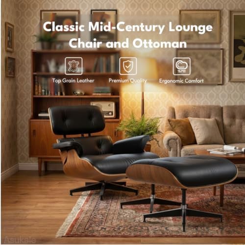 Top Grain Leather, Mid Century Chaise Lounge Chair Indoor, Chair with Ottoman, Reading Chair, Leather Accent Chair, Modern Arm Chair, Classic Design, Heavy Duty Base Support for Living Room, Walnut