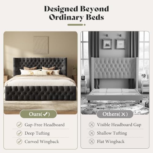 AMERLIFE Upholstered King Bed Frame with Wingback Headboard, Black Velvet