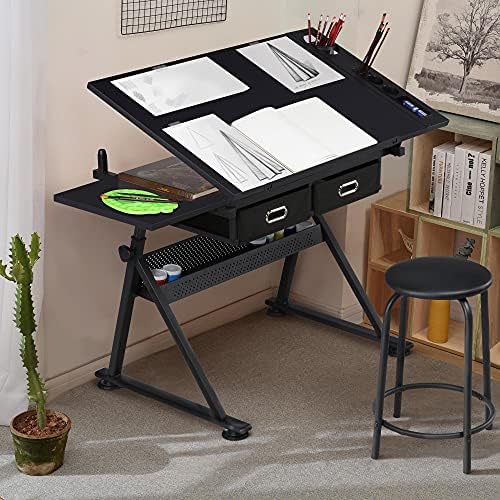 Yaheetech Adjustable Drafting Table Art Desk,Storage Drawers & Stool,Black | MDF tabletop tilts 0-60° on a metal frame for drawing, crafts, and homework, with two supply drawers and a matching stool.