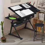 Yaheetech Adjustable Drafting Table Art Desk,Storage Drawers & Stool,Black | MDF tabletop tilts 0-60° on a metal frame for drawing, crafts, and homework, with two supply drawers and a matching stool.