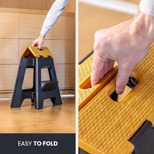 Vigar Compact Folding Step Stool, 16 in 2 Step, Black Bamboo Print | 16 in Foldable Stool, Lightweight Portable Design, Handle, Non Slip Surface, Space-Saving, Supports up to 330 lb
