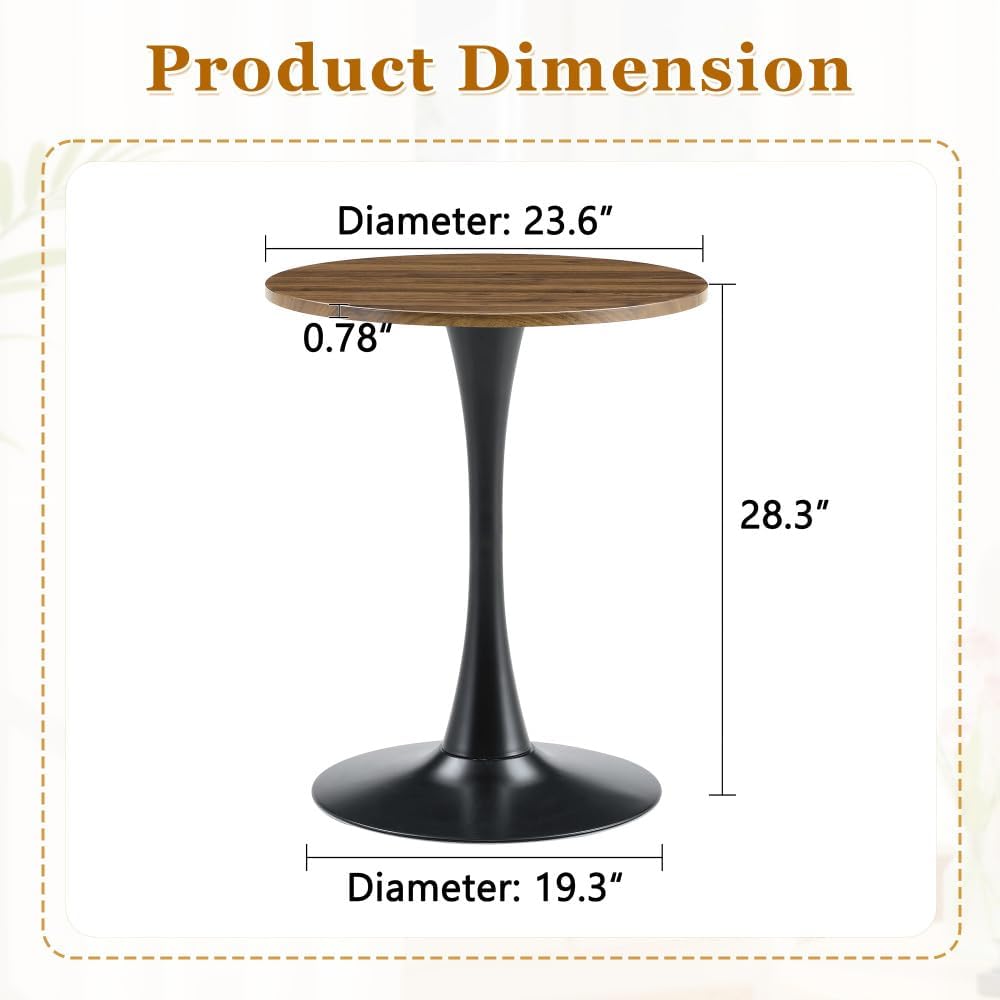 Round Dining Table, 23.6" Circle Tulip Table with Thickened Tabletop & Metal Pedestal, Mid Century Modern Bistro Table for Kitchen, Small Places, Living Room, Cafe (Walnut + MDF)