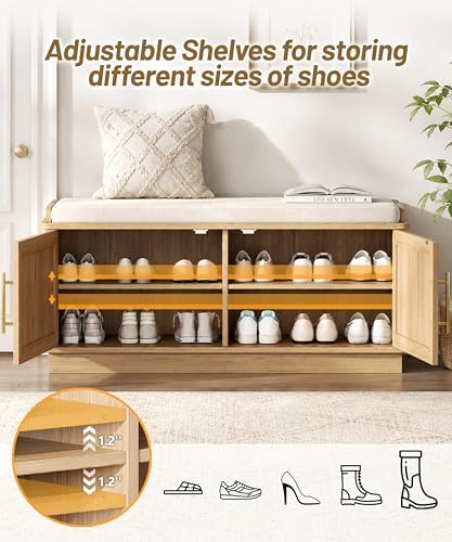 Akxomel 39.4" Fluted Shoe Storage Bench 2 Doors Wooden Entryway Bench Oak | 2 Tier Shoe Bench with Padded Cushion, Adjustable Shelves and 2 Doors, Curved Profile, for Hallway, Living Room, Bedroom