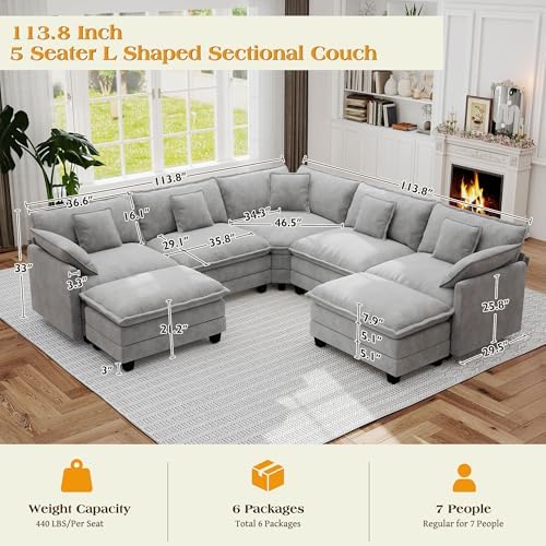 Hanherry Modular Sectional Sofa,Cloud Couch for Living Room,Modern Deep Seat Sofa Chenille Fabric Comfy Couches with Throw Pillows & Movable Ottoman for Apartment