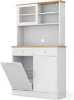 LOKO 68” Tall Kitchen Pantry Cabinet, Wood Sideboard Cupboard with Microwave Countertop, Sliding Glass Door, Freestanding Buffet Hutch with Trash Can Storage, for Home Coffee Bar, White & Natural
