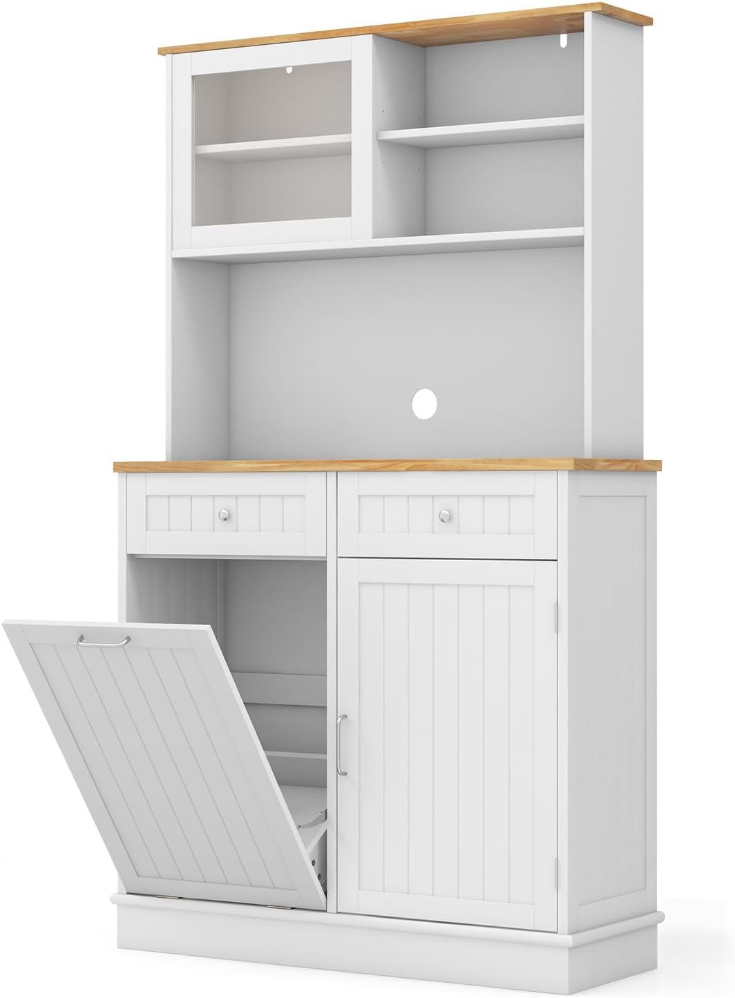 LOKO 68” Tall Kitchen Pantry Cabinet, Wood Sideboard Cupboard with Microwave Countertop, Sliding Glass Door, Freestanding Buffet Hutch with Trash Can Storage, for Home Coffee Bar, White & Natural