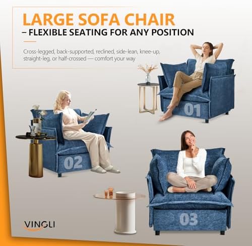 VINGLI 34" Width Oversized Accent Chairs Set of 2, Navy Sofa Reading Chair Upholstered Armchair Soft Chenille Fabric Living Room Chairs Sofa for Bedroom, Home Office, Play Room