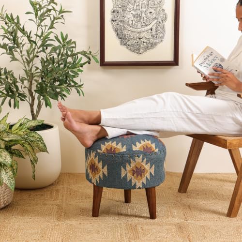 Handmade Kilim Jute Pouf Ottoman Stool | Round Upholstered Seating with Acacia Wood Base | Decorative Foot Rest for Living Room, Bedroom, Hallway, Office & Lounge (Grey)