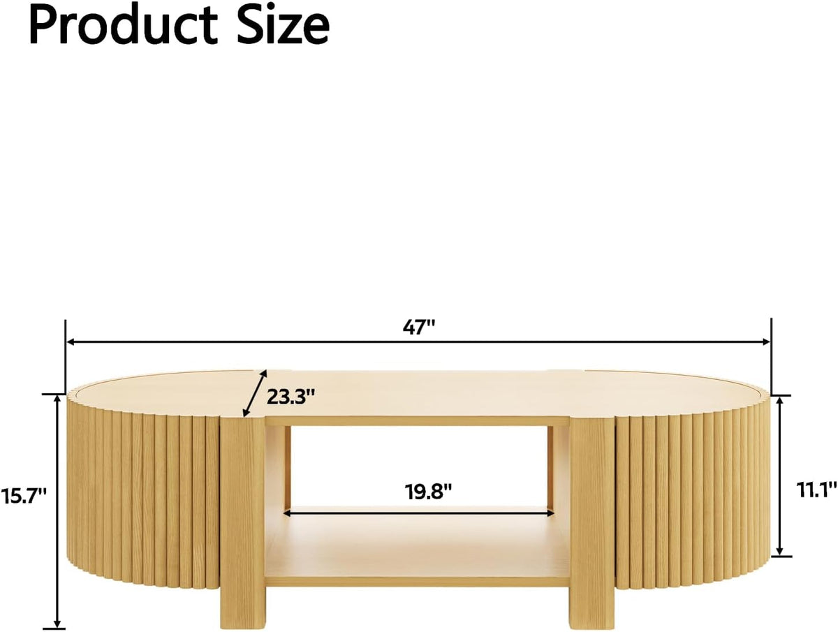Living Room Table Set of 3 with 1 Coffee Table and 2 Side Tables, Rubber Solid Wood, Soft-Close Door, Natural, 47"