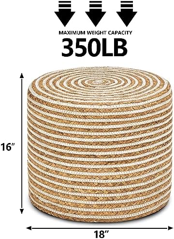 18'' Ottoman Pouf Natural Braided Poof Rustic Handweave Lounge Pouffe | Work as footrest extra guest seat vanity stool side table balcony lounge seat Ideal for living room bedroom dorm patio garden