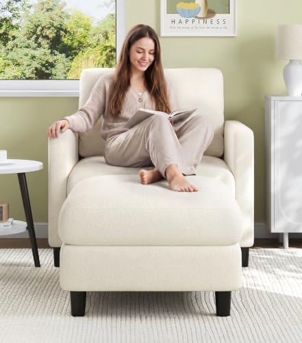 Welzona Sofa Accent Chair with Ottoman, 33" Teddy Reading Chair and Ottoman | Comfy Teddy Fabric, Tool-free Setup, Washable Covers, All-wood Chair and Ottoman Sets for Living Room, Bedroom, Beige