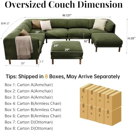 Cloud Sectional Couches for Living Room,Modular Sectional Sofa,Green | Extra Deep 8 Seater,Mid Century Modern Oversized Couches With 2 Ottoman,Solid Wood Leg,Large Sofa for Big Space,Office