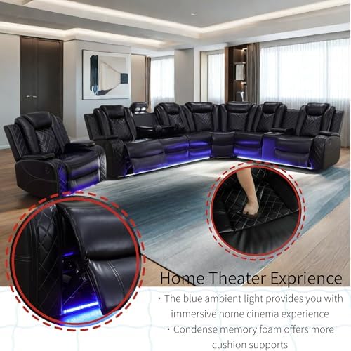 Power Recliner Sofa Sectional Sofa with LED Light for Living Room, Air Leather Reclining Corner Sectional Sofa Set, Cup Holder, Storage Console for Home Theater Seating (Black, Sectional+Chair)