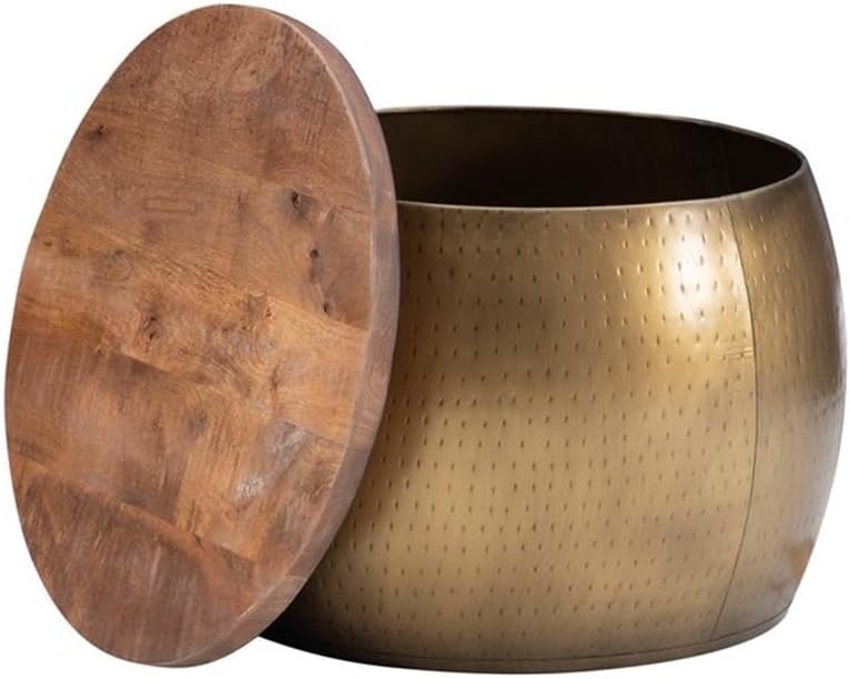 MAKLAINE Large Hammered Metal Drum Table with Storage, Brass Finish, Solid Mango Wood Top, 27.5 in Diameter, Handcrafted Accent Table for Living Room or Bedroom Use