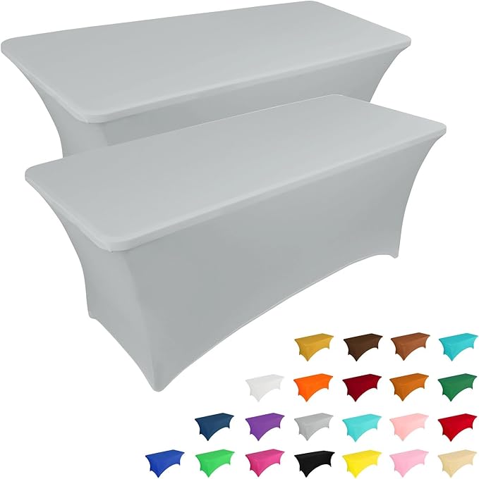 IVAPUPU 2 Pack 8FT Table Cloth for Rectangular Fitted Events Stretch Grey Table Covers Washable Cover Spandex Tablecloth Protector for Party, Wedding, Cocktail, Banquet, Festival