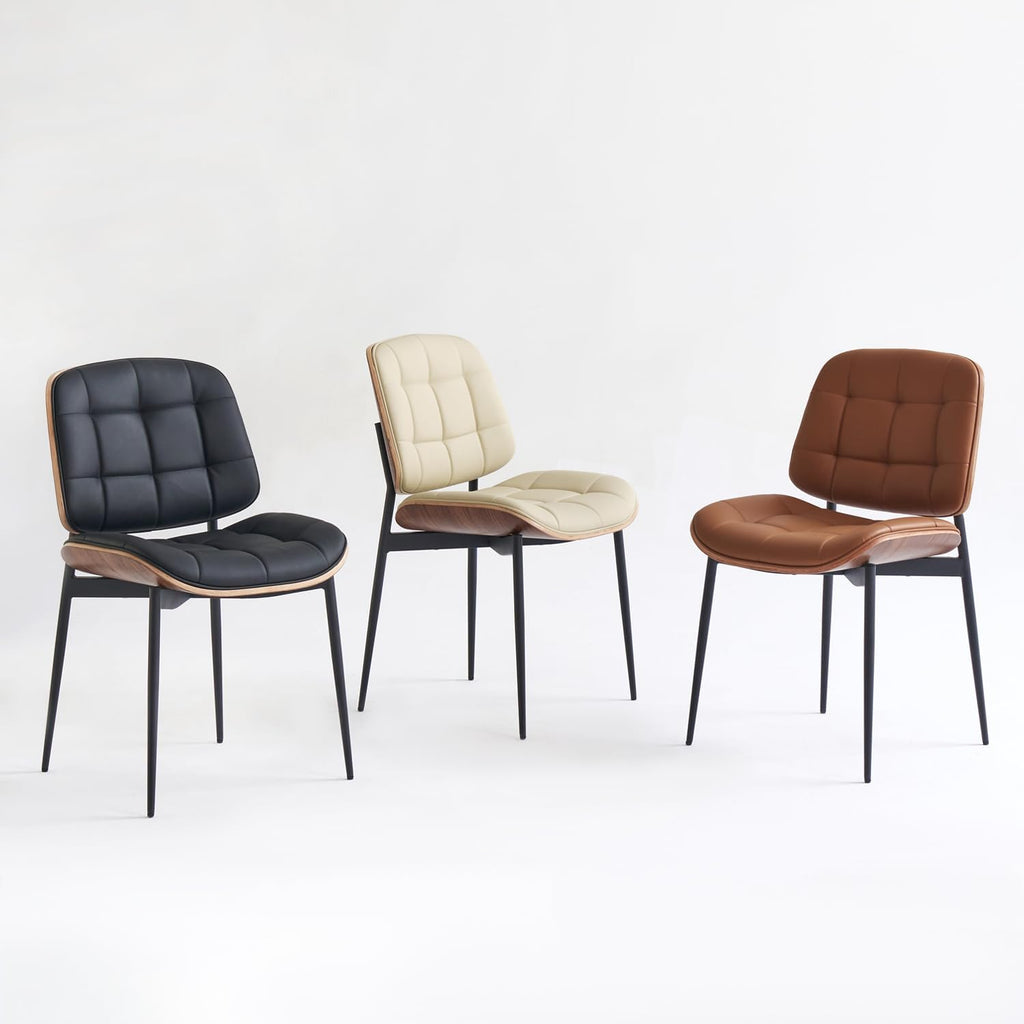 GrandNoor Mid Century Modern Dining Chairs with Walnut Grain Back, Beige Faux Leather Dining Room Chairs Set of 4, Checkered Soft Cushion Kitchen Chairs with Adjustable Foot Pads