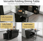 Small Foldable Dining Table - 59" Fully Assembled Drop Leaf Tables for Small Spaces with Storage & Lockable Wheels, 4-6 Seater Space-Saving Furniture for Dining Room, Black