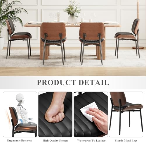 MALOL Leather Dining Chairs Set of 4, Modern Upholstered Dining Room Kitchen Chairs with Metal Legs and Wooden Back Support for Home Dining Room/Restaurant, Black