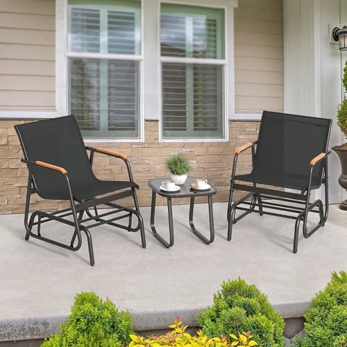 YITAHOME 3 Piece Patio Glider Set Textilene Gliders Outdoor Furniture Black | Heavy-duty Patio Glider Set w/Breathable Fabric, Smooth Gliding, Wooden Armrest, Tempered Glass Table, Easy Assembly Cleaning