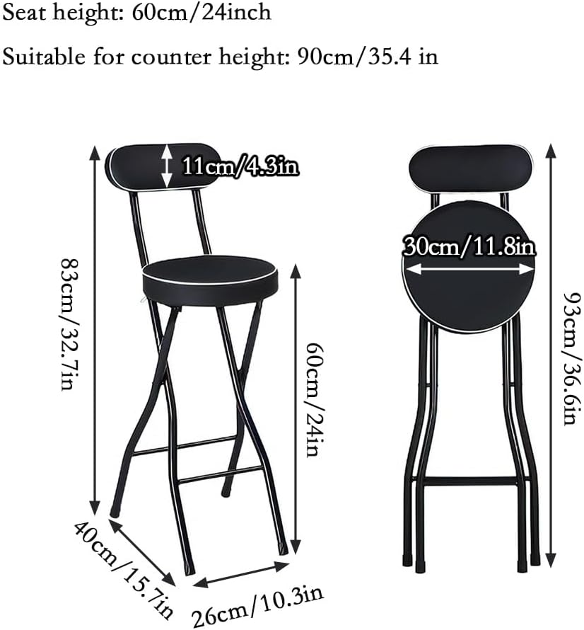 Padded Counter Height Foldable Stool, Folding Bar Stool with Back, Tall Bar Foldable Chairs for Adults Kitchen Outdoor Cafe (Black, Size : 60cm/24in)(1Pcs)