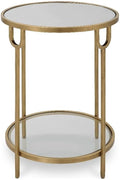 BOWERY HILL Round Two-Tier Iron Accent Table, Antique Gold Finish, Mirrored Top and Tempered Glass Shelf, 24.25" H x 17.25" W x 17.25" D, Elegant Design for Living Room or Bedroom Decor