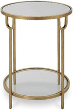 BOWERY HILL Round Two-Tier Iron Accent Table, Antique Gold Finish, Mirrored Top and Tempered Glass Shelf, 24.25" H x 17.25" W x 17.25" D, Elegant Design for Living Room or Bedroom Decor