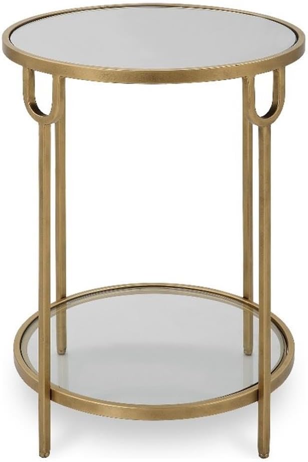 BOWERY HILL Round Two-Tier Iron Accent Table, Antique Gold Finish, Mirrored Top and Tempered Glass Shelf, 24.25" H x 17.25" W x 17.25" D, Elegant Design for Living Room or Bedroom Decor